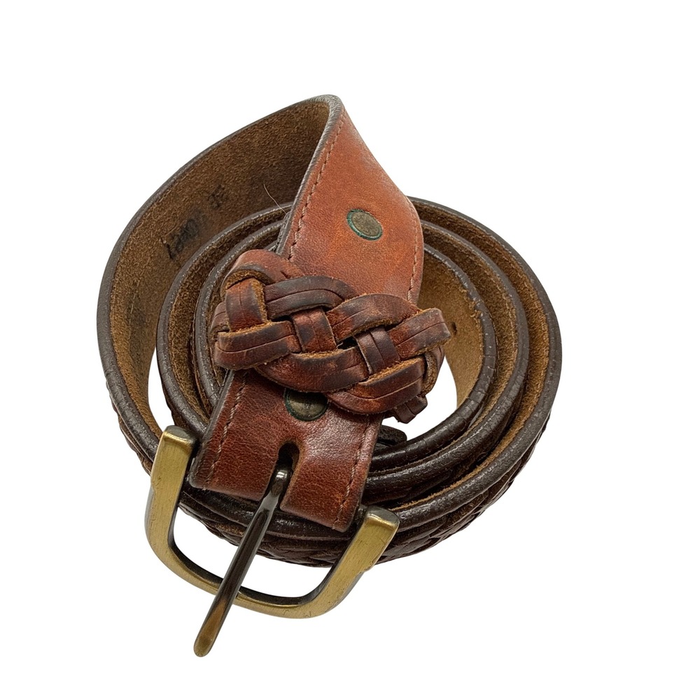 Braided Leather Belt Mens 38 Brown Basketweave Brass Buckle
